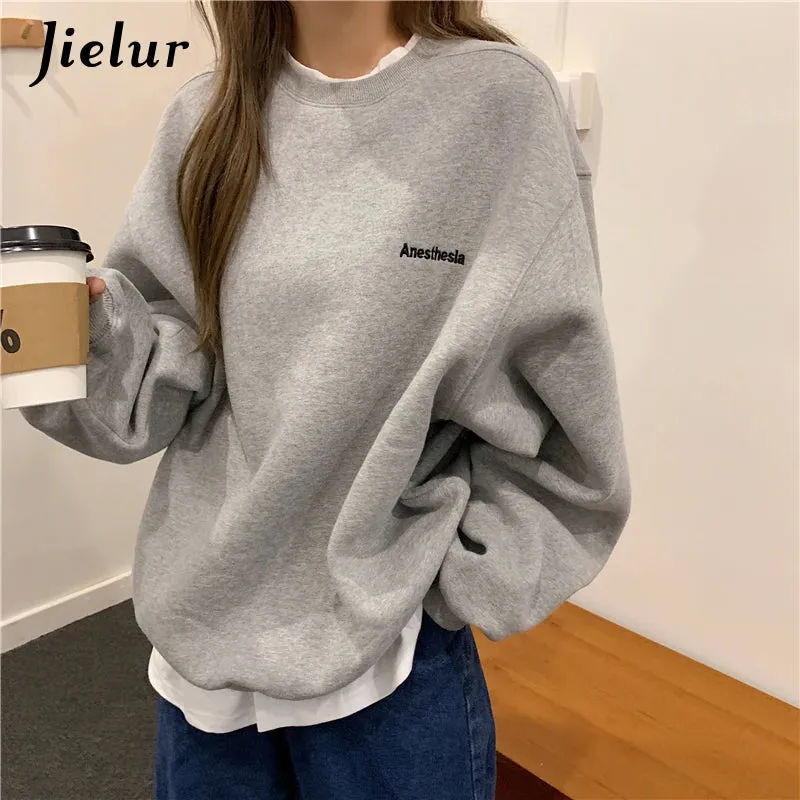 Orange Gray Sweatshirt Women M-XL Fake Two Piece M-XL Size Hoodie Female Loose Korean Fleece Streetwear Letter Embroidery