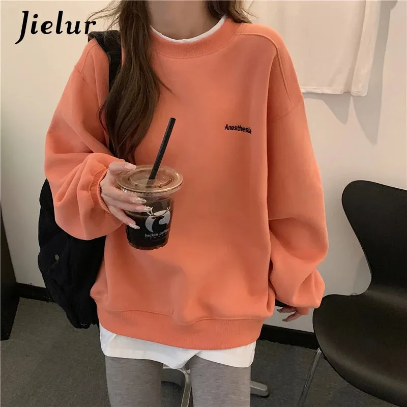 Orange Gray Sweatshirt Women M-XL Fake Two Piece M-XL Size Hoodie Female Loose Korean Fleece Streetwear Letter Embroidery