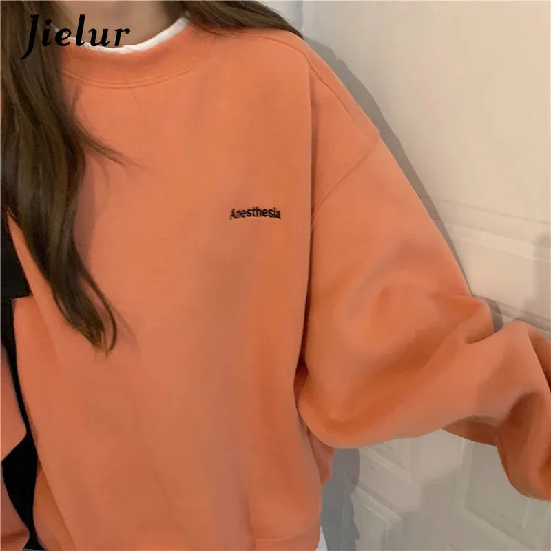 Orange Gray Sweatshirt Women M-XL Fake Two Piece M-XL Size Hoodie Female Loose Korean Fleece Streetwear Letter Embroidery