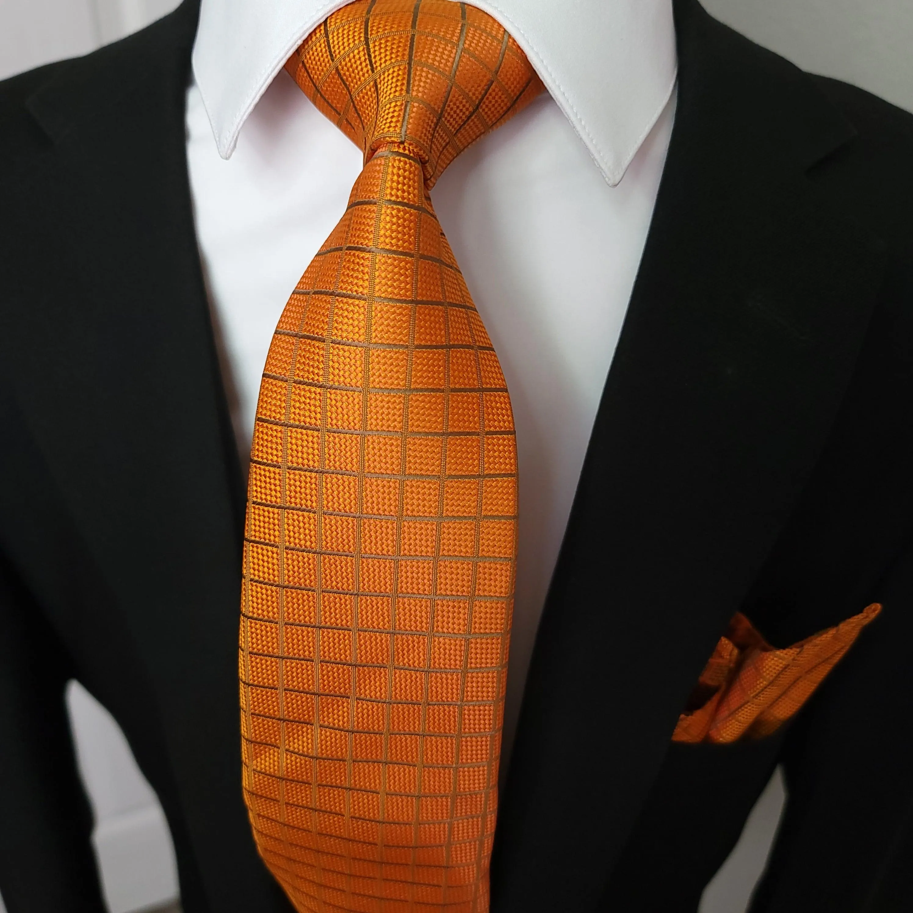 Orange Plaid Tie Set of Pocket Square & Cufflinks