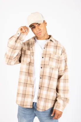 Oversized Long Sleeve Flannel Shirt in Stone