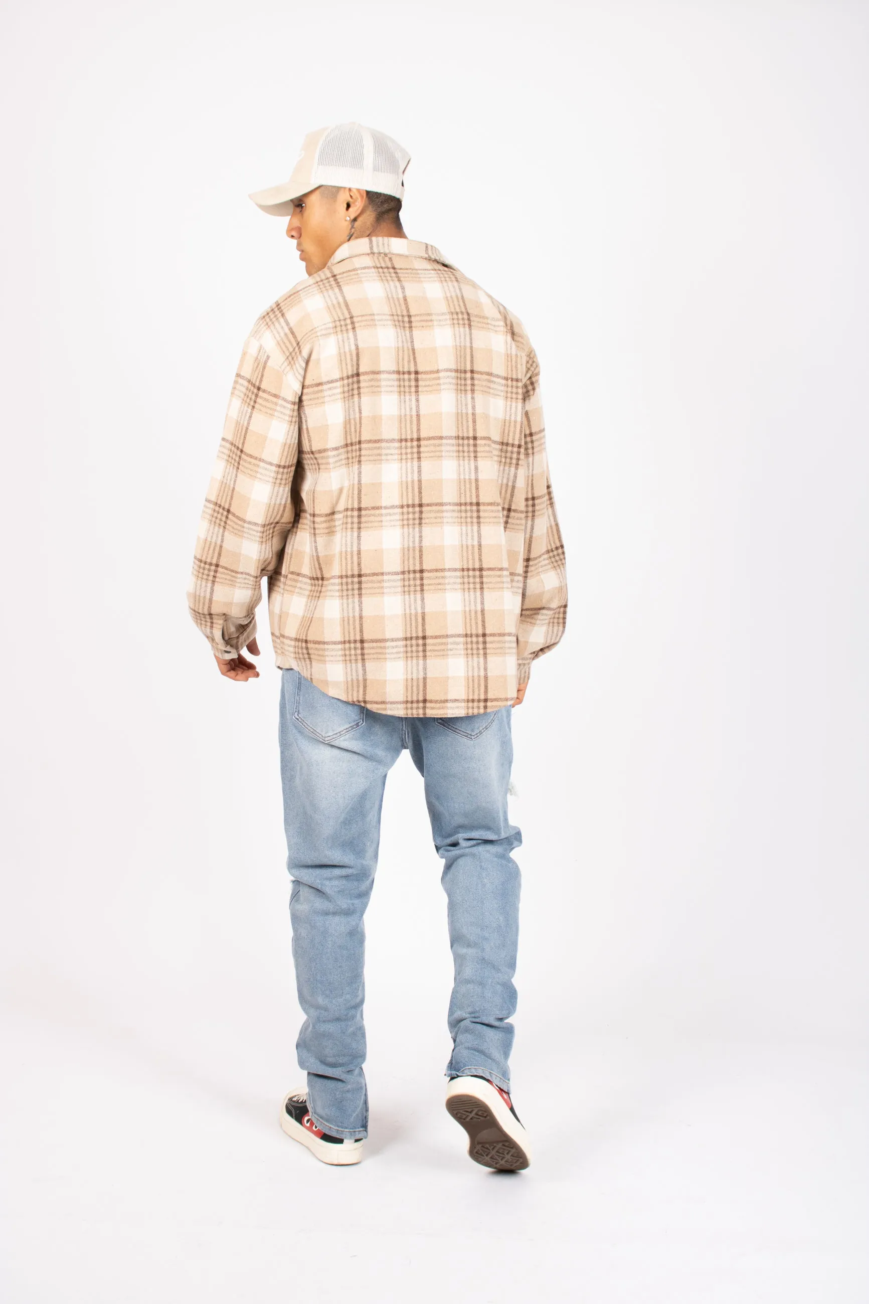 Oversized Long Sleeve Flannel Shirt in Stone