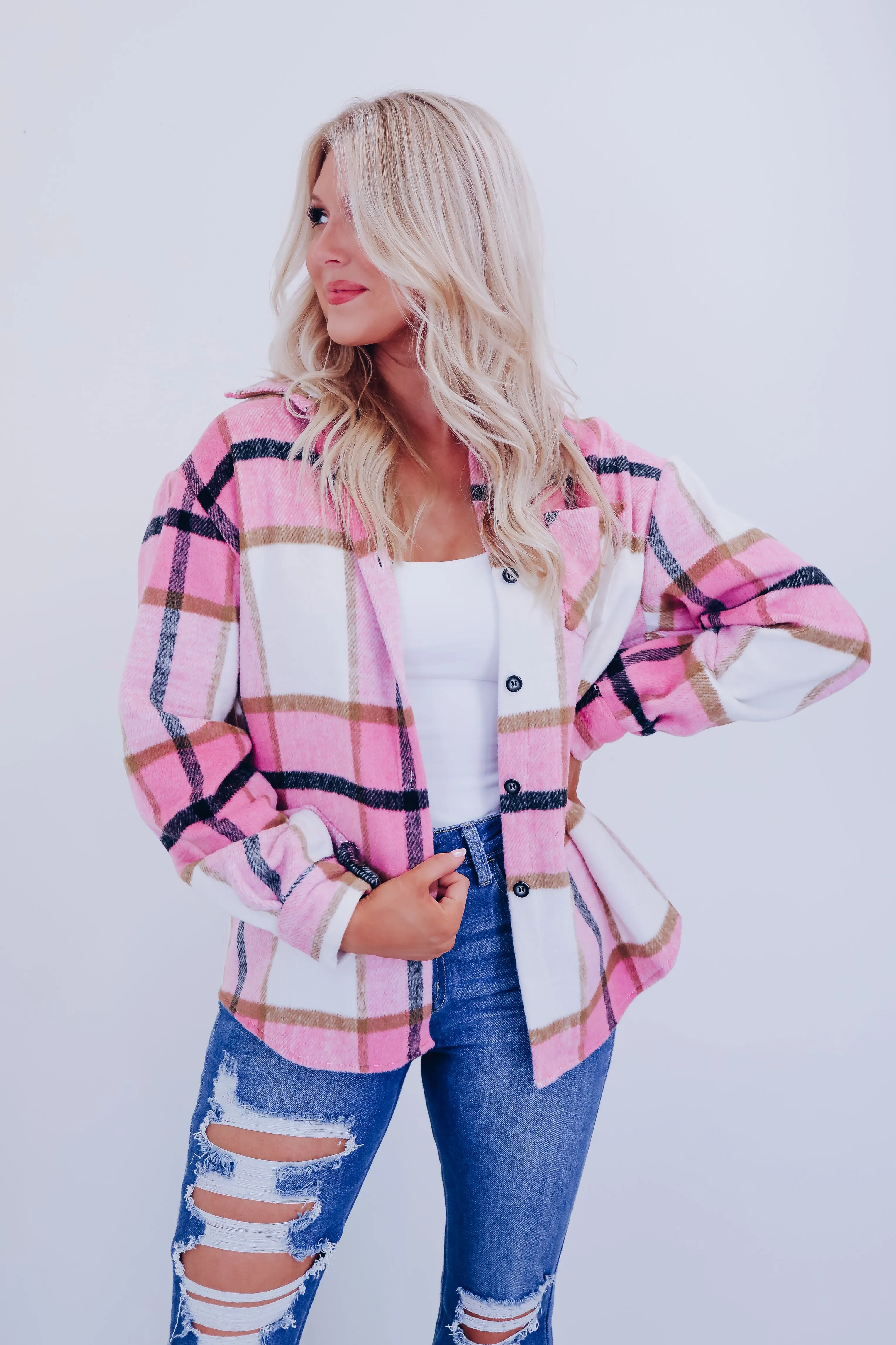 Peppy Plaid Flannel  Shacket - Pink