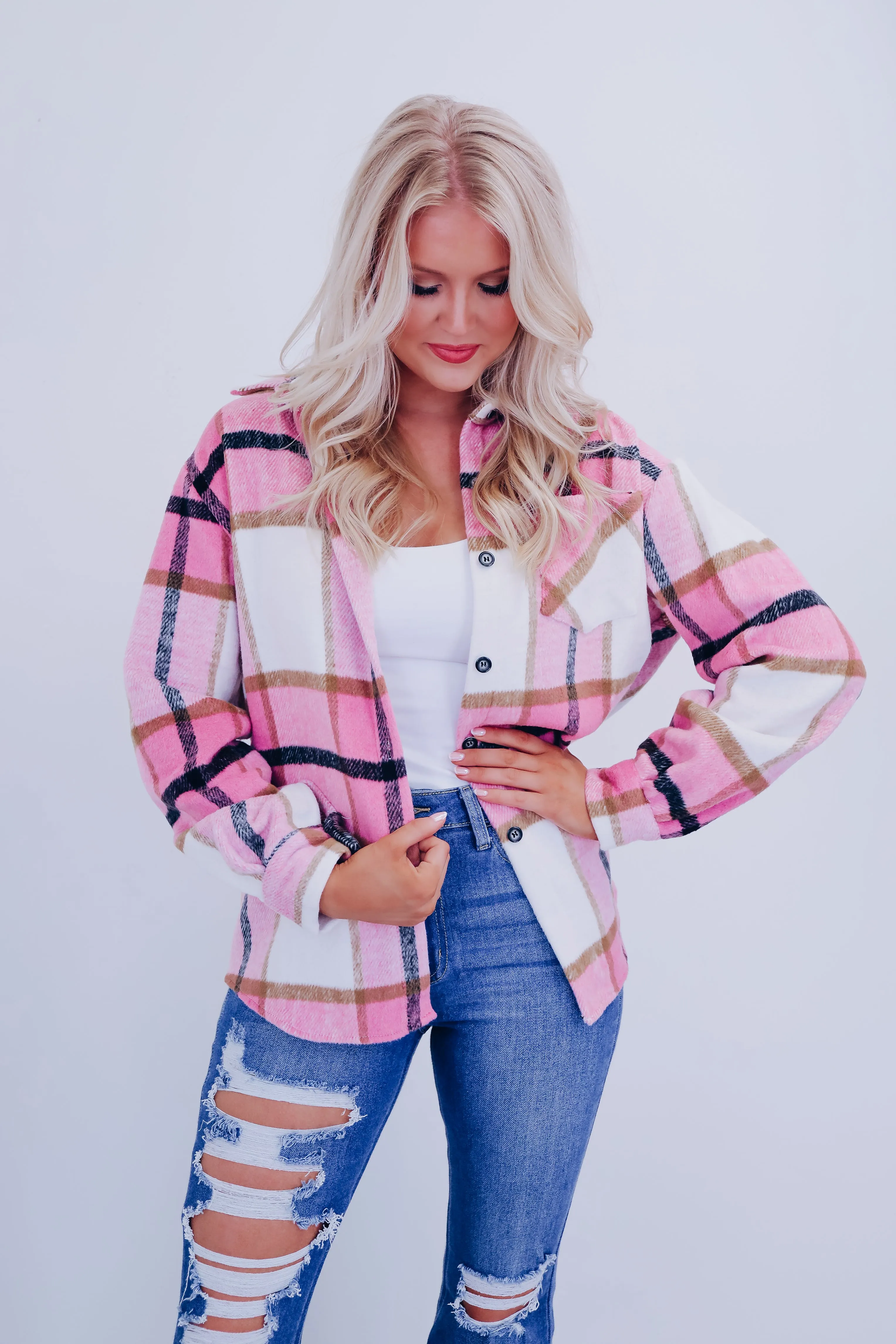 Peppy Plaid Flannel  Shacket - Pink