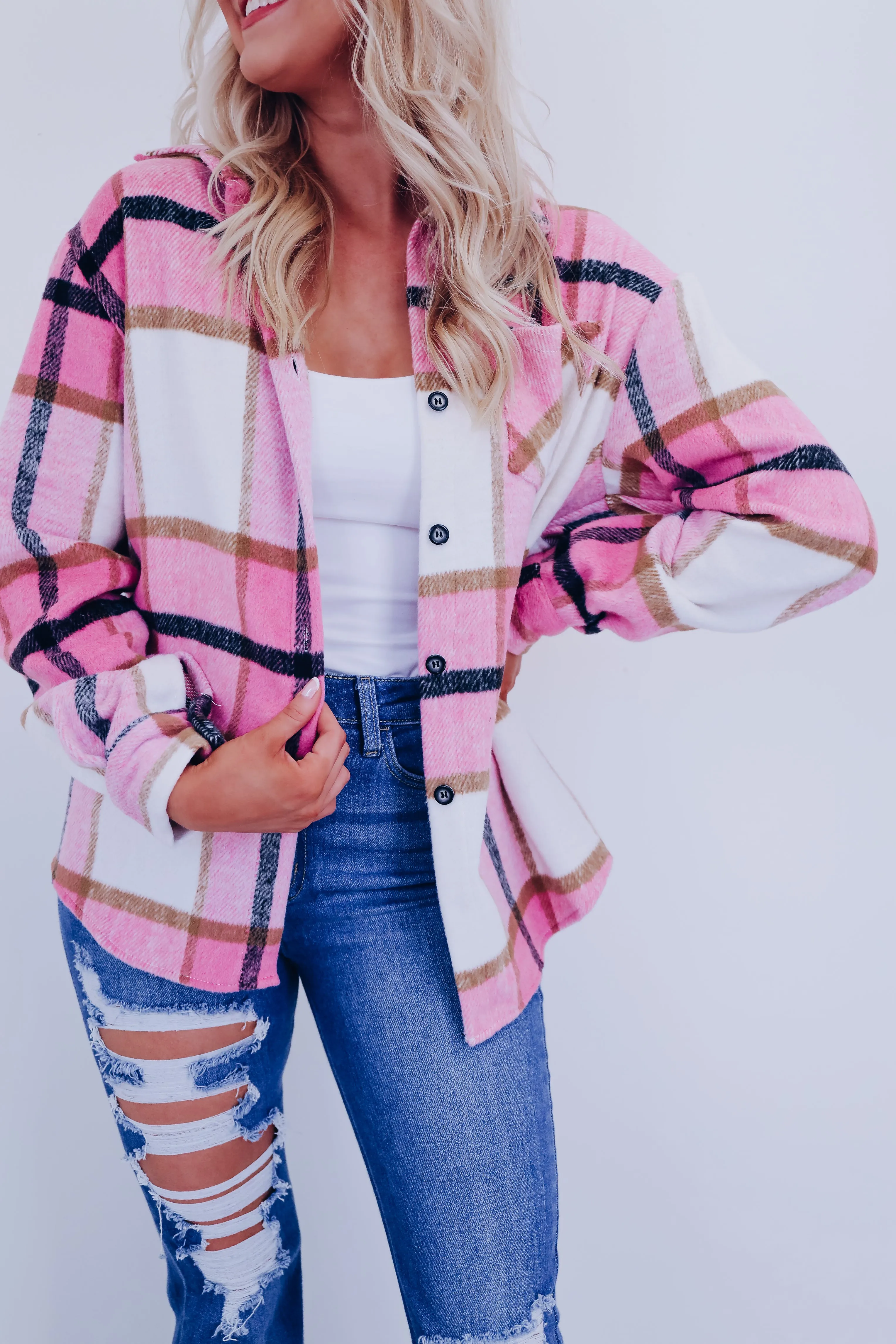 Peppy Plaid Flannel  Shacket - Pink