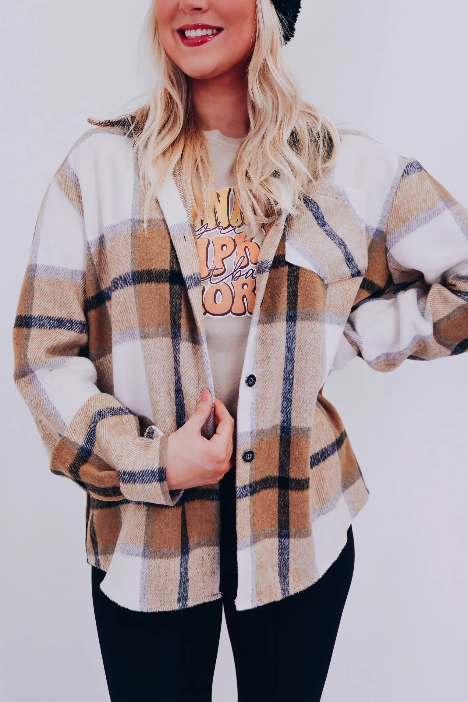 Peppy Plaid Flannel Shacket - Tan