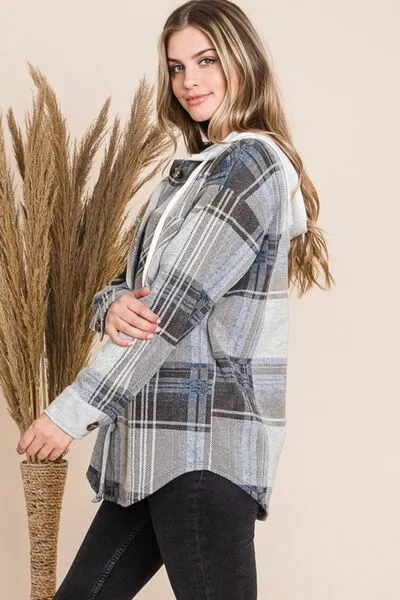 Plaid Button Up Drawstring Hooded Jacket