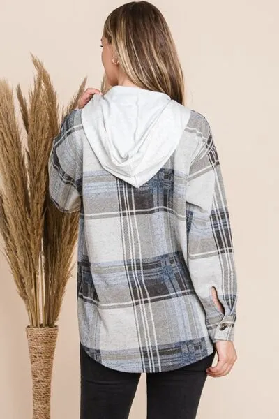 Plaid Button Up Drawstring Hooded Jacket