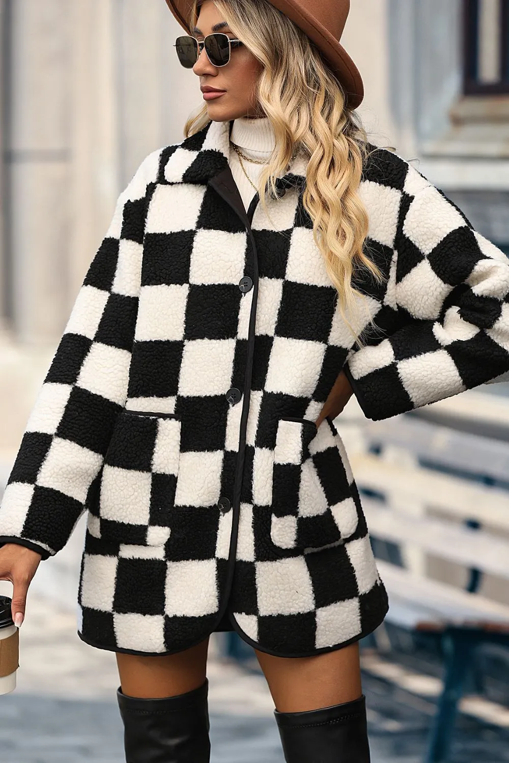 Plaid Buttoned Collared Faux Fur Jacket