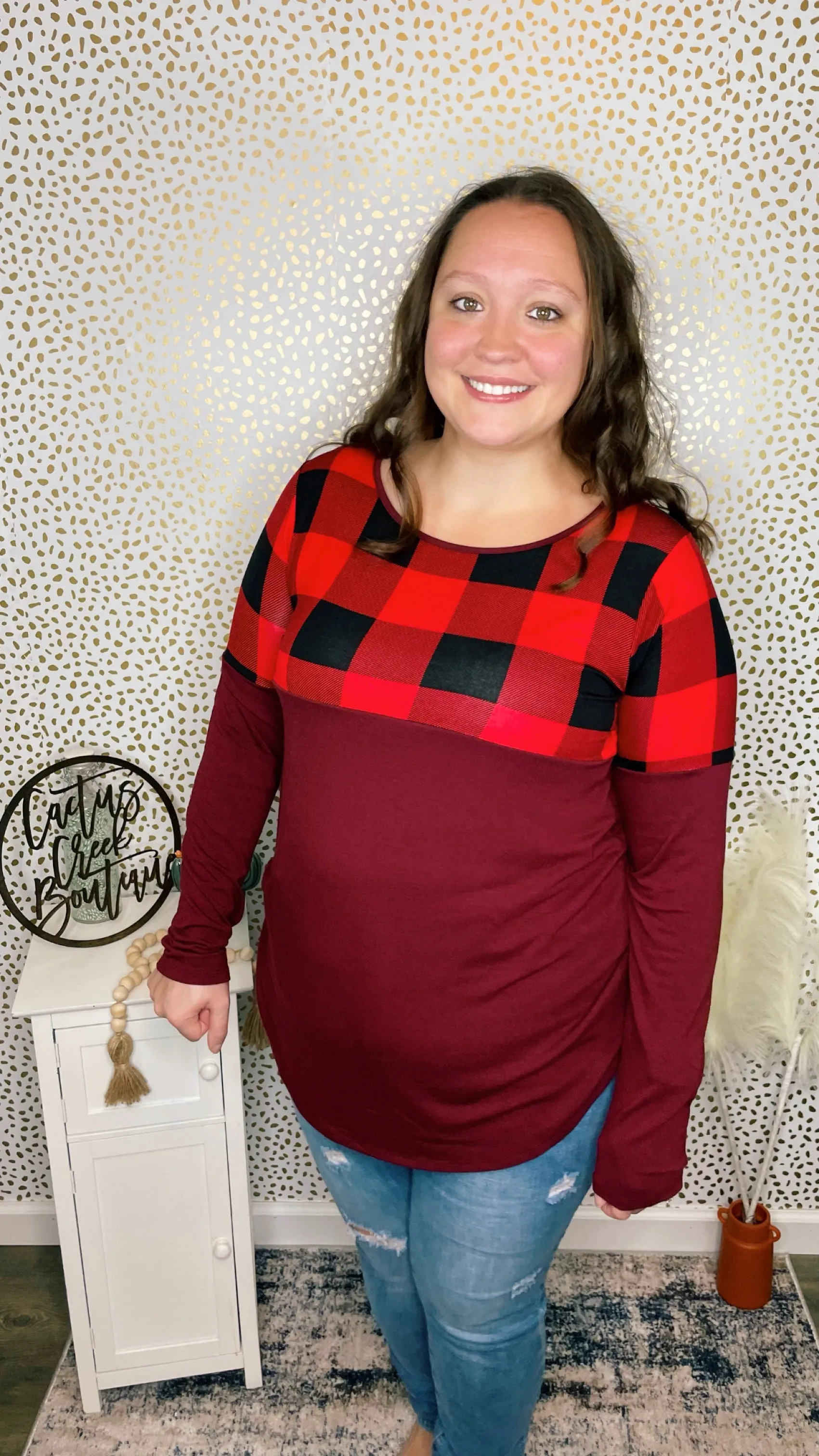 Plaid Color Block Long Sleeve Burgundy