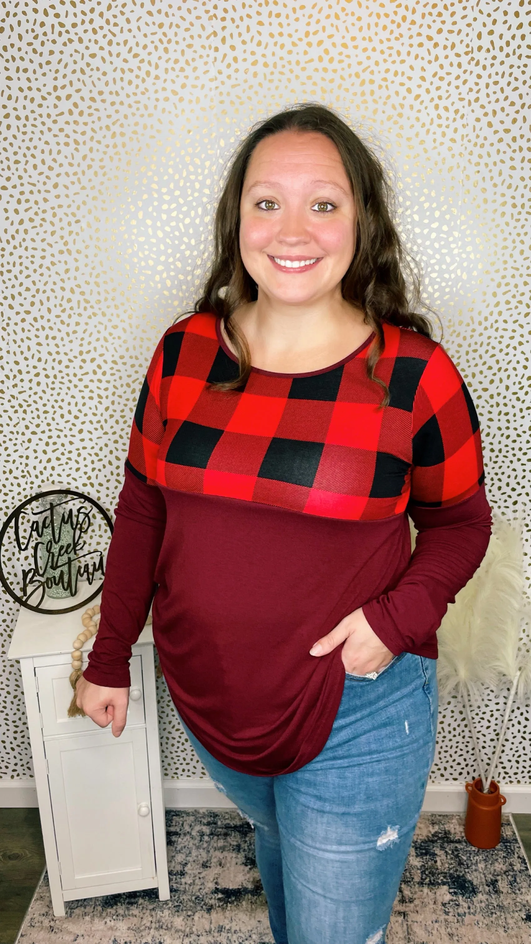 Plaid Color Block Long Sleeve Burgundy