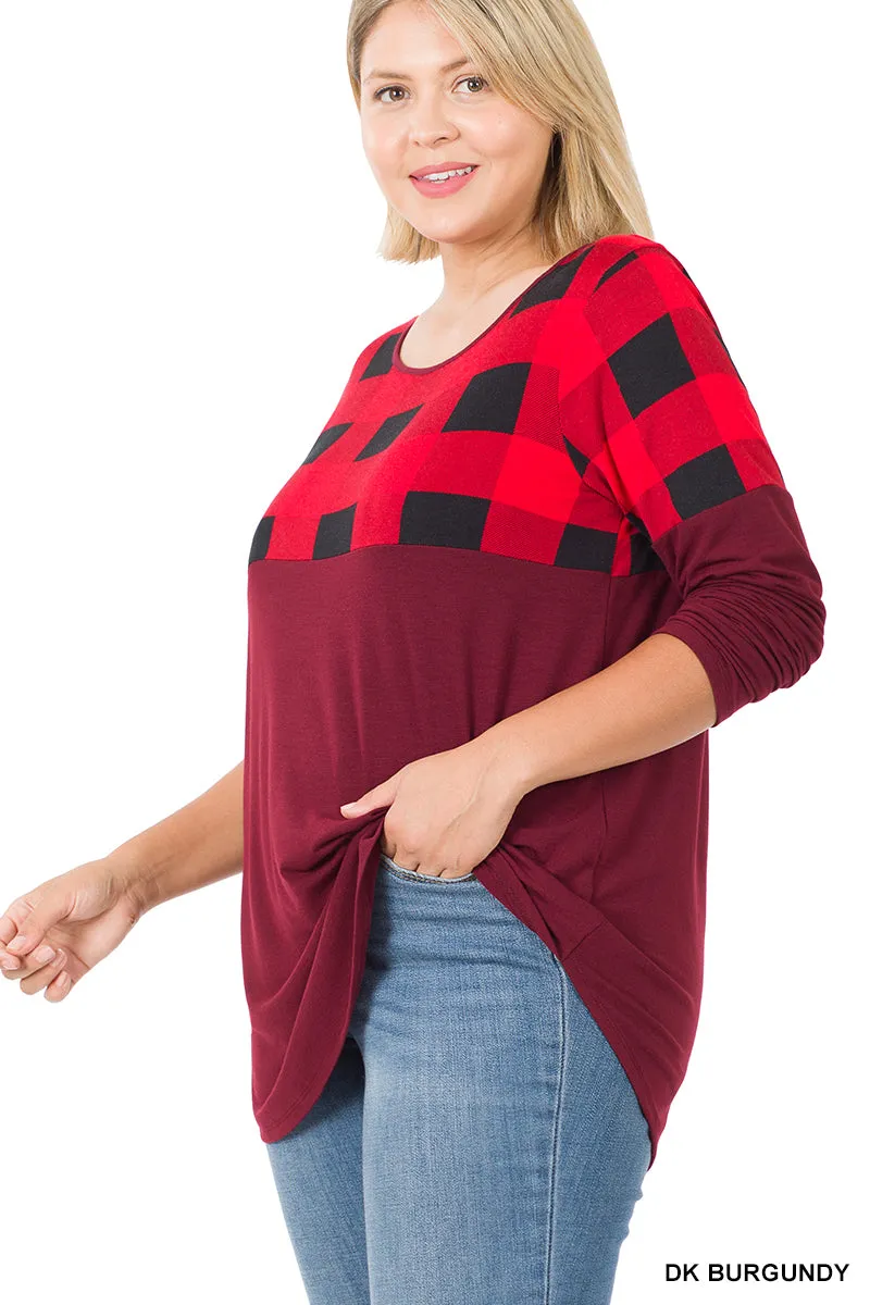 Plaid Color Block Long Sleeve Burgundy