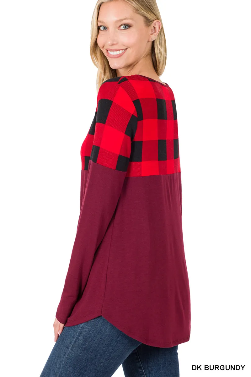 Plaid Color Block Long Sleeve Burgundy