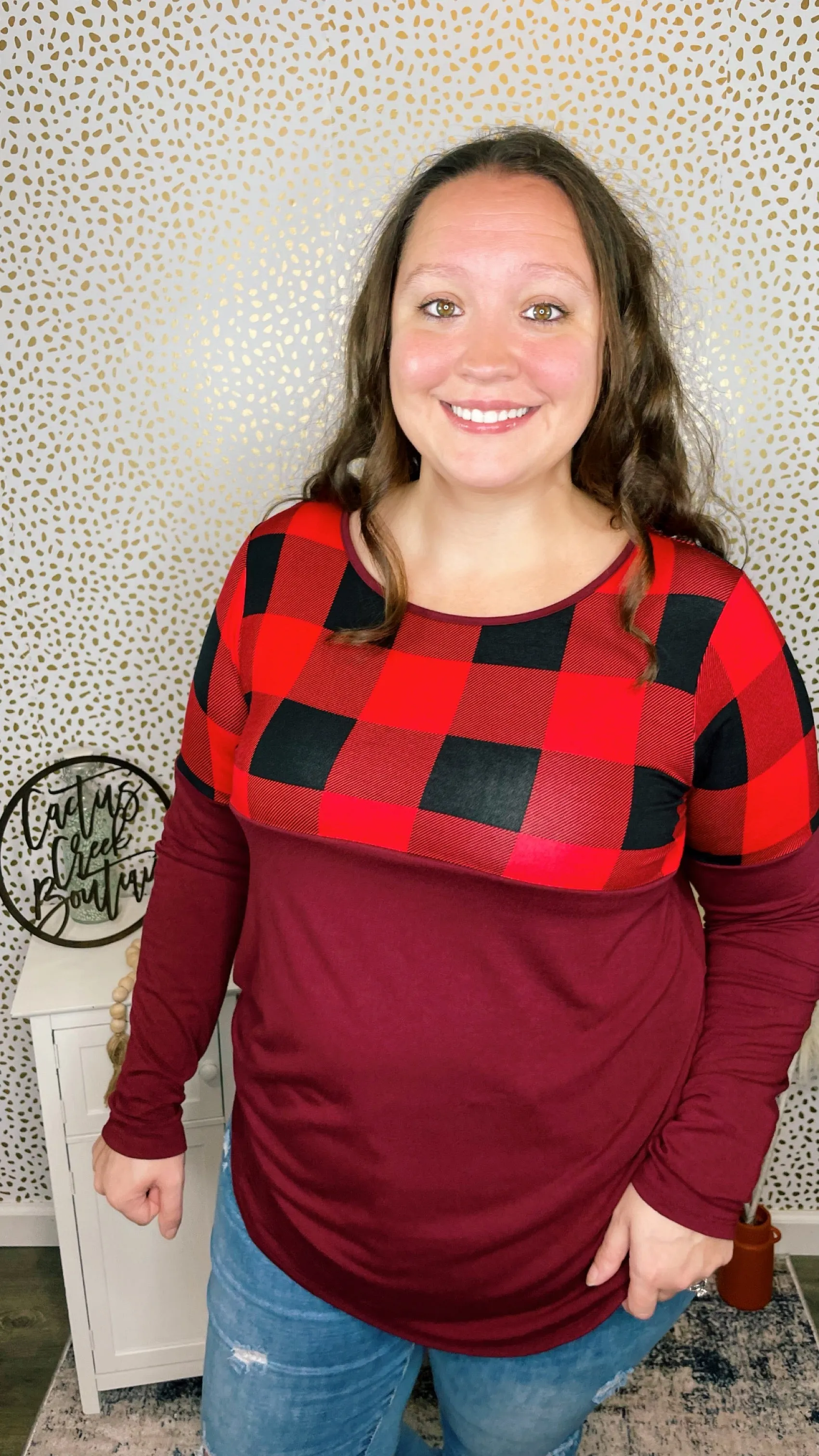 Plaid Color Block Long Sleeve Burgundy