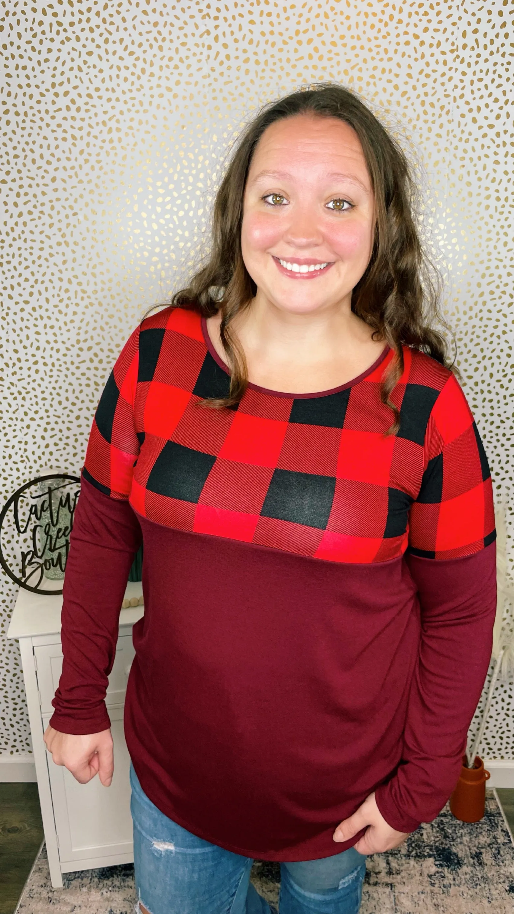 Plaid Color Block Long Sleeve Burgundy