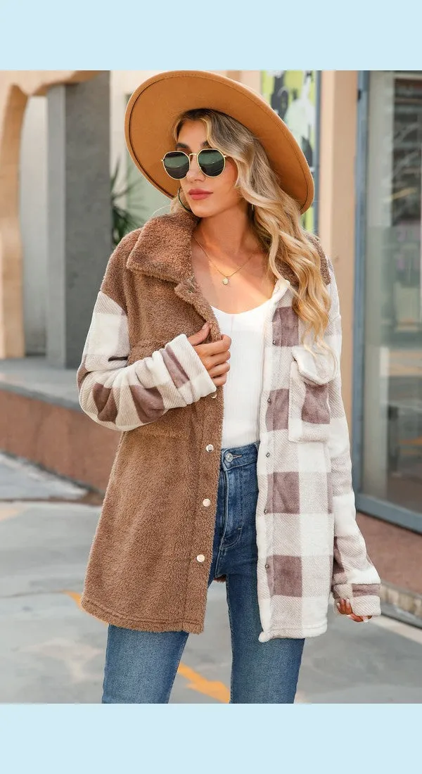 Plaid Contrast Snap Down Teddy Jacket