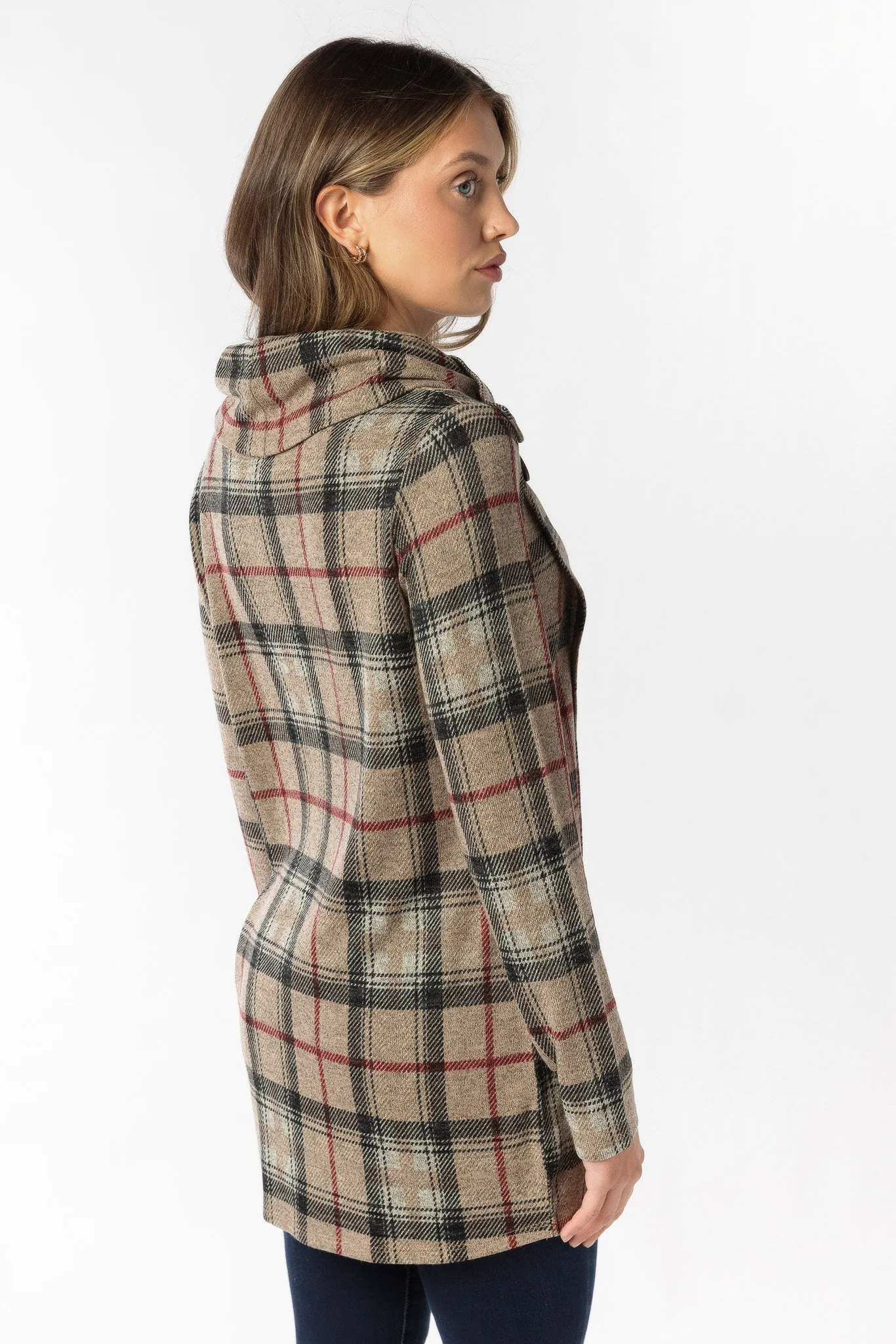 Plaid Hacci Crossover Cowl Neck Long Sleeve