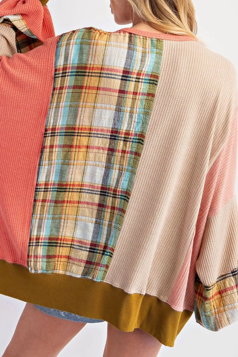 Plaid Patchwork Waffle Knit Sweatshirt