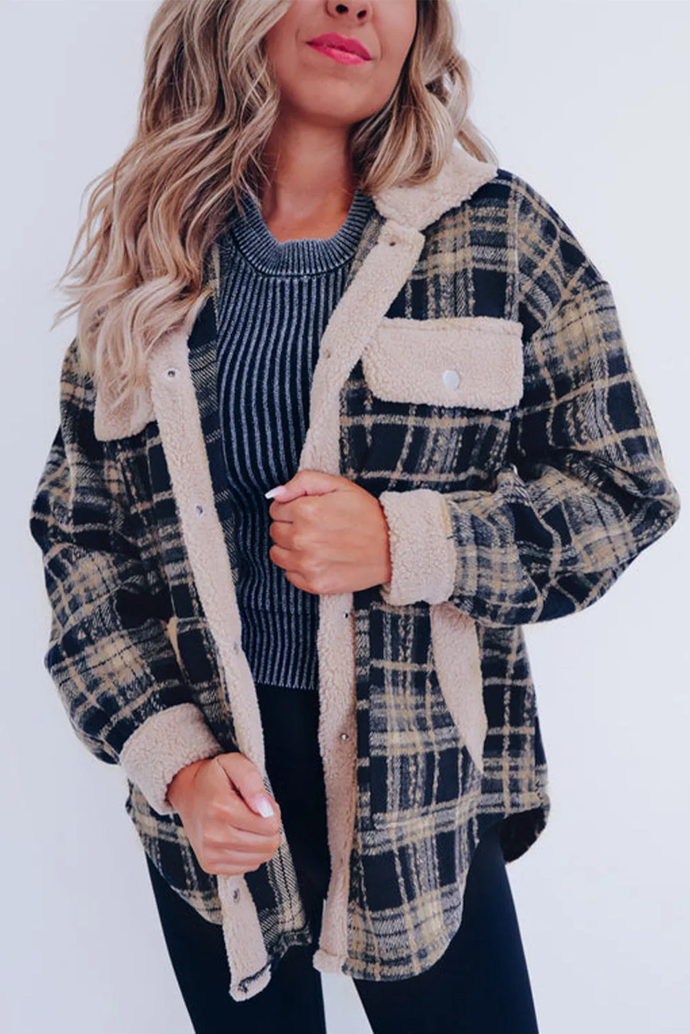 Plaid Sherpa Trim Pocketed Shacket