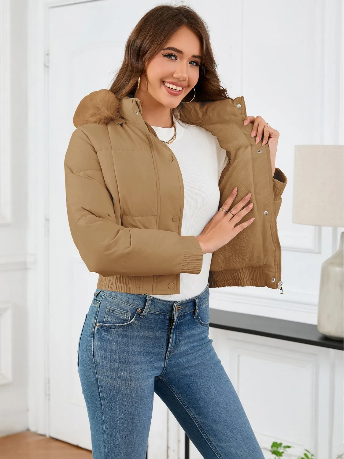 Pocketed Long Sleeve Cropped Hooded Winter Coat