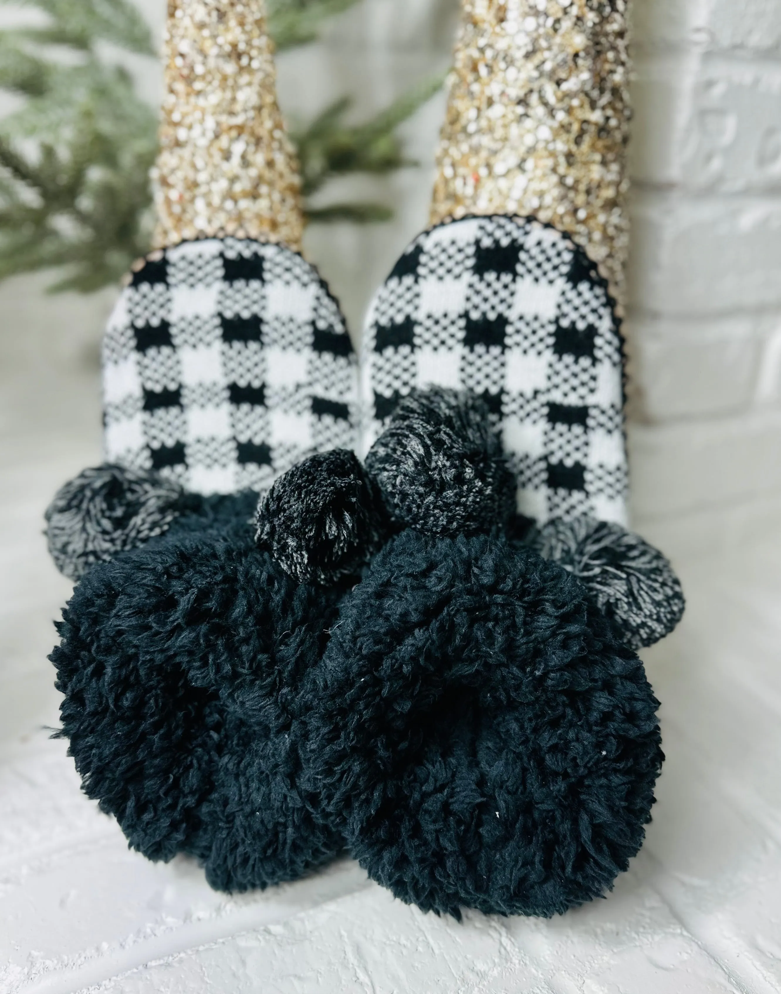 Pom Plaid Slippers - Black