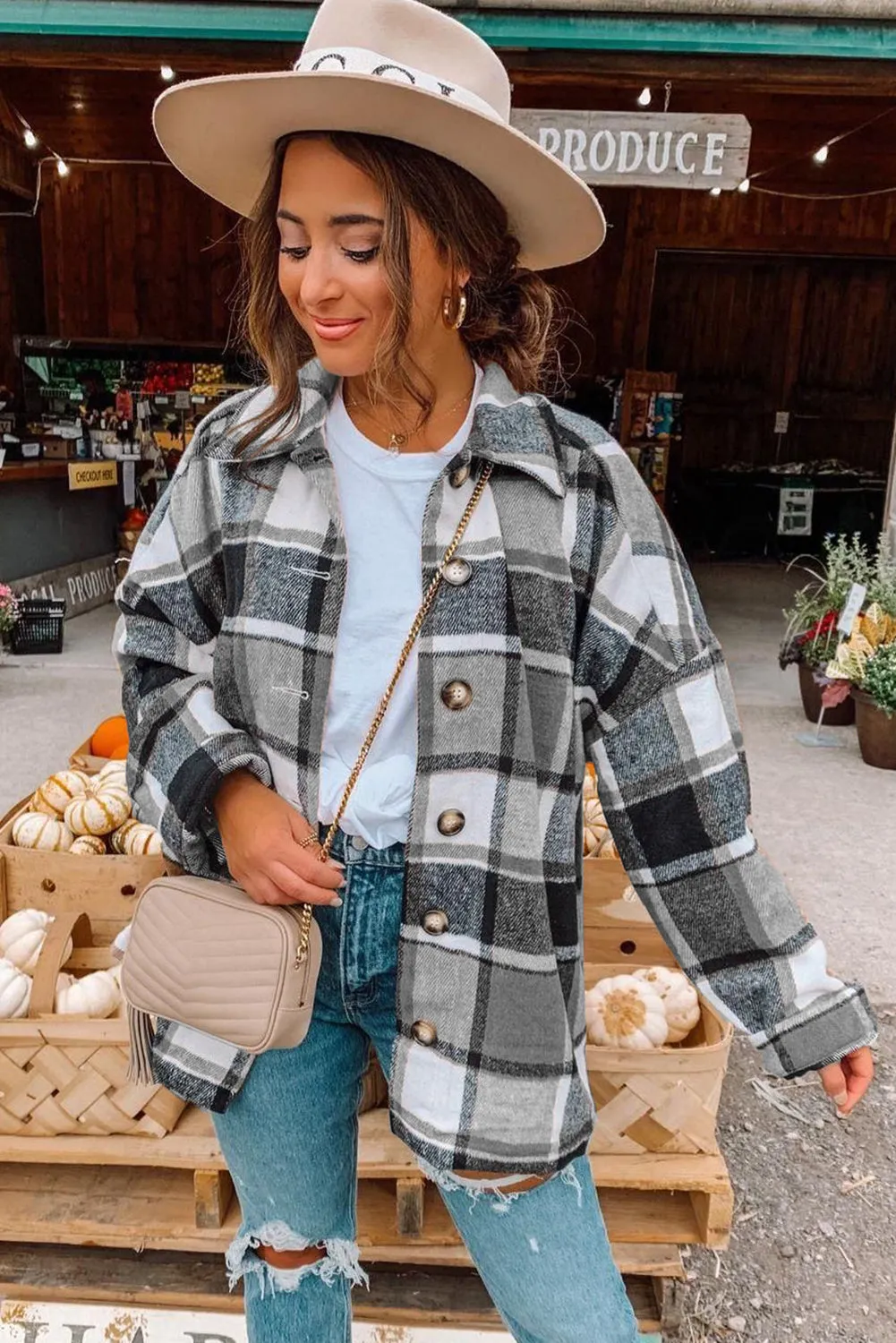 Roswell Gray Plaid Print Buttoned Shirt Jacket