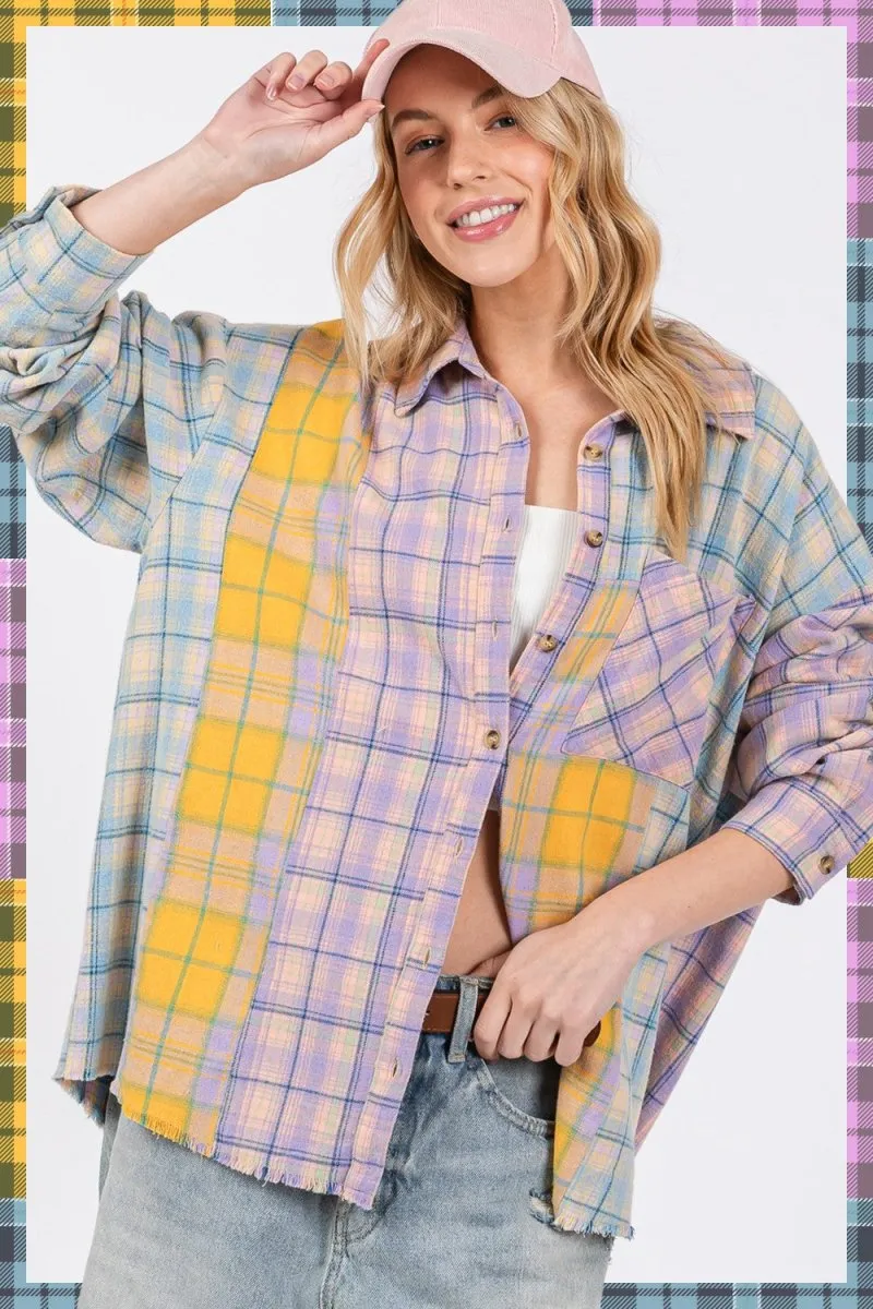 SAGE   FIG Button Up Raw Hem  Plaid Flannel Shirt