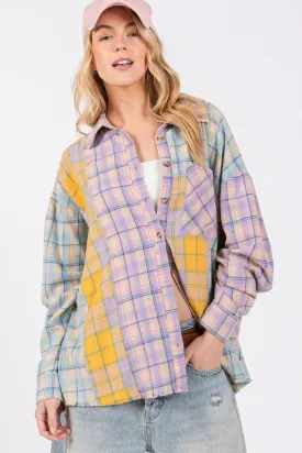 SAGE   FIG Button Up Raw Hem  Plaid Flannel Shirt