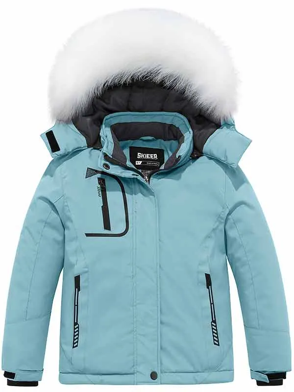 Skieer Girl's Ski Jacket Windproof Winter Jacket Fur Hooded Waterproof Rain Coat