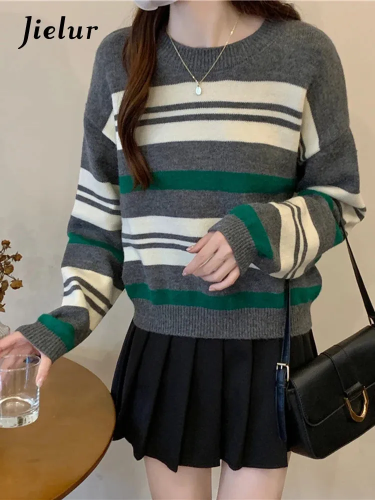 Spell Color Stripe Knitted Sweater Women Korean New Autumn Winter Wool Soft O-Neck Gray Apricot Pullover Women's Sweaters