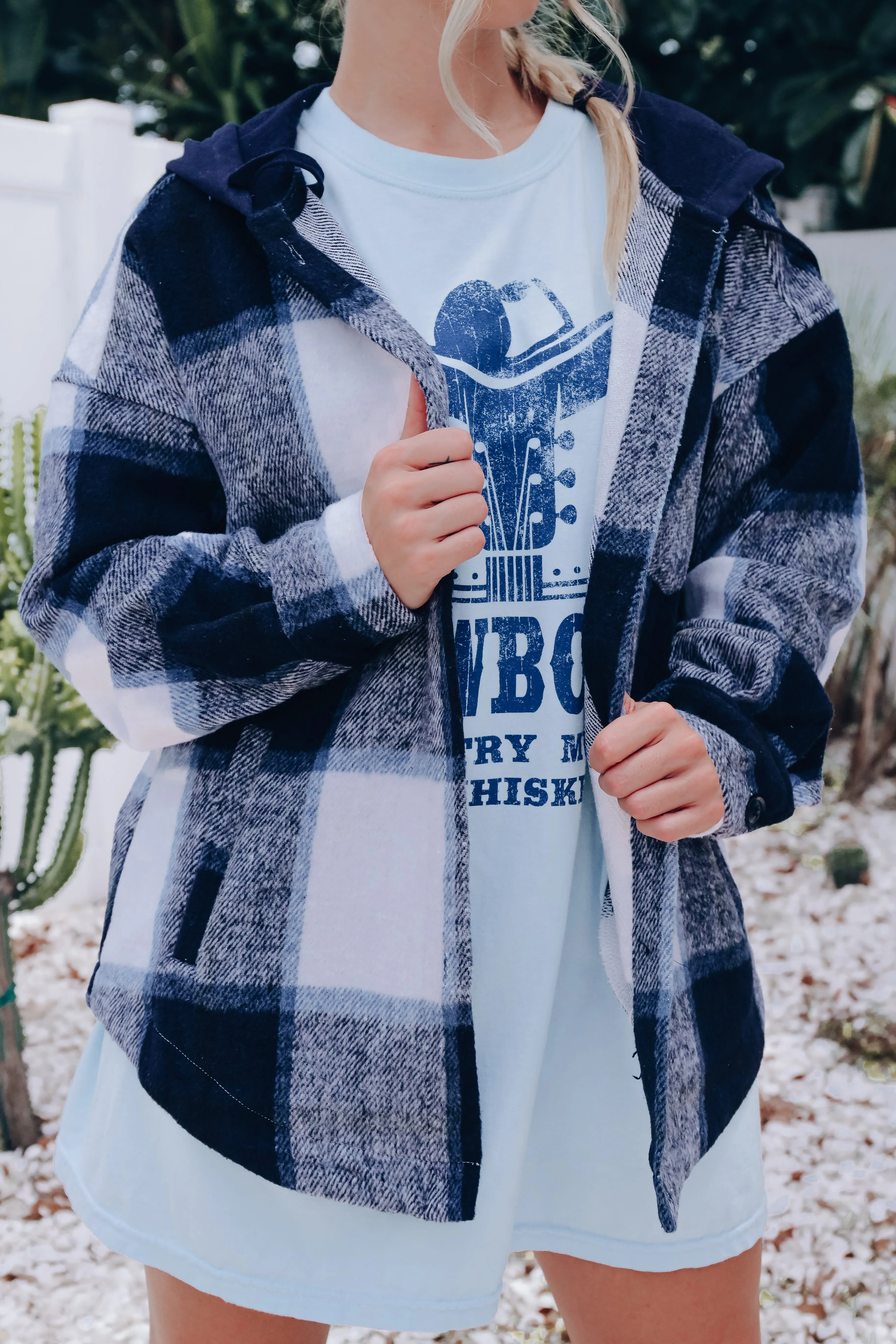 Street Style Plaid Hooded Jacket - Navy