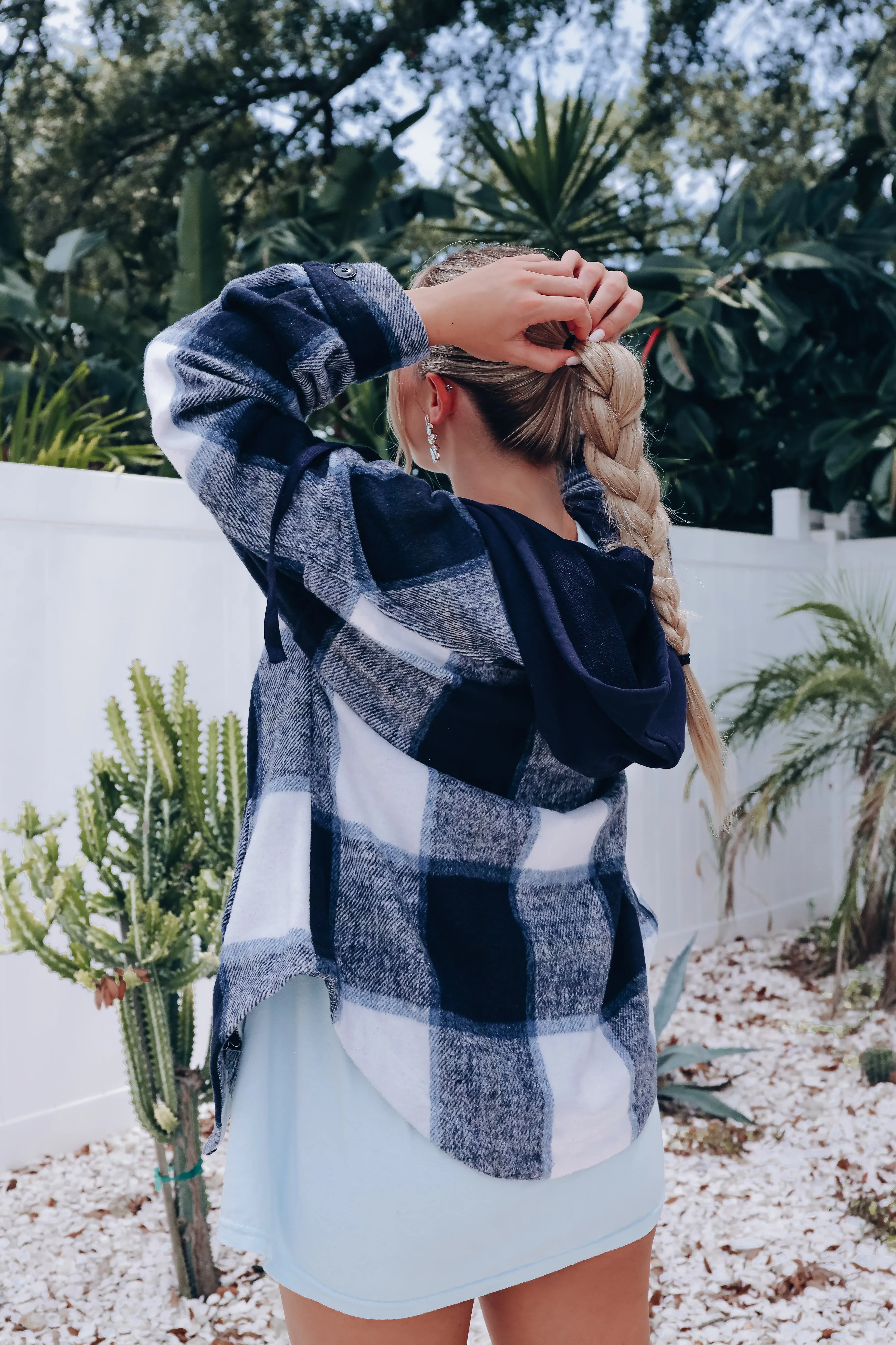 Street Style Plaid Hooded Jacket - Navy