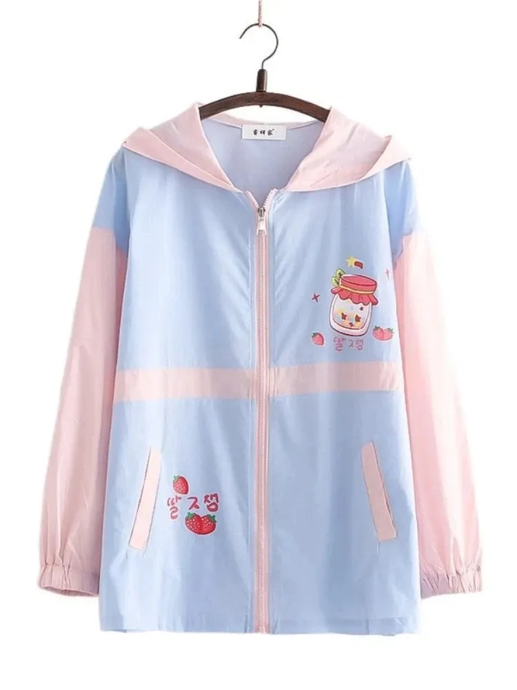 Summer Women Thin Zipper Hooded Jackets Strawberry Print Long Sleeve Harakuju Jacket Sweet Style Female Kawaii Cute Coat