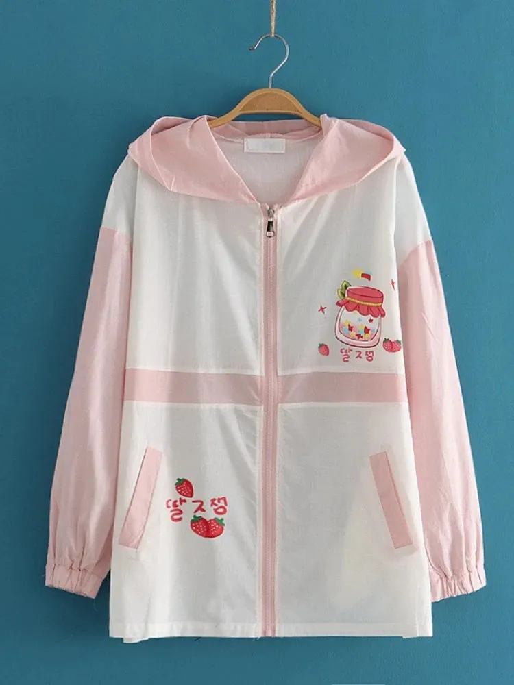 Summer Women Thin Zipper Hooded Jackets Strawberry Print Long Sleeve Harakuju Jacket Sweet Style Female Kawaii Cute Coat