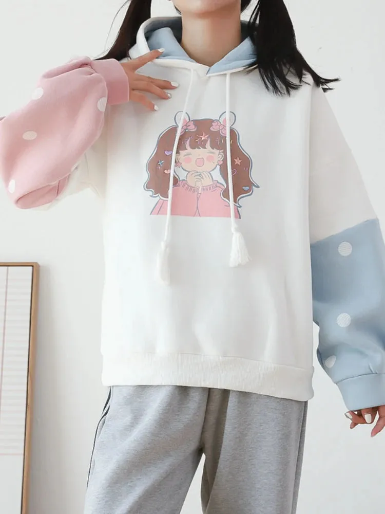 Sweet Style Kawaii Print Graphic Fleece Women Hoodies Winter Harajuku Cute Drawstring Hoody Sweatshirt Female Pullover Top