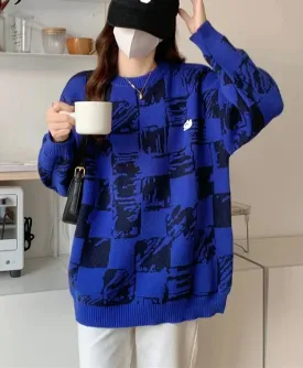 Thickened Embroidery Cartoon Plaid Sweater Women Autumn Winter Japanese Preppy Style Soft Women Top Blue Yellow Pullover