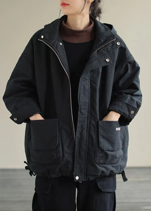 Unique Black Hooded Pockets Winter Cotton Coat Long sleeve