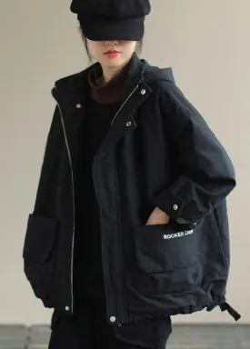 Unique Black Hooded Pockets Winter Cotton Coat Long sleeve