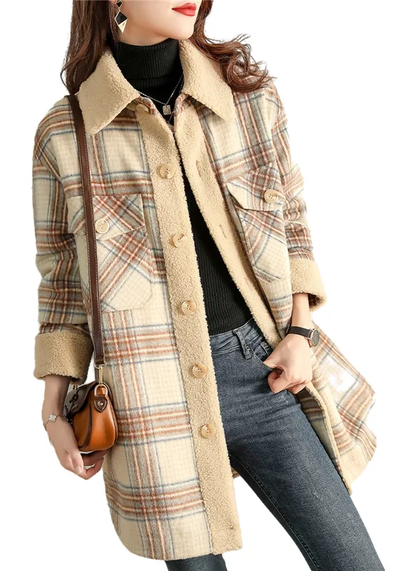 Vintage Khaki PeterPan Collar Plaid Winter fleece coat