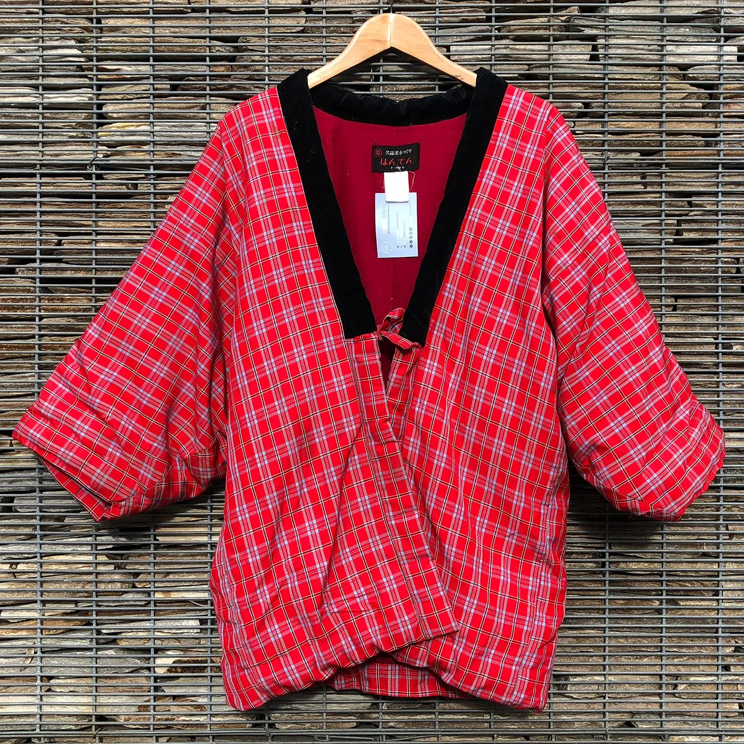 Vintage Kimono Hanten Red Plaid Tartan Padded Quilted Kimono Jacket