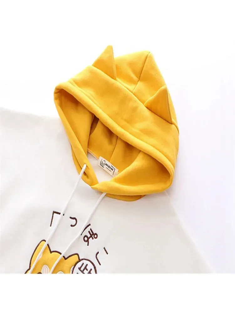 Women Cartoon Dog Embroidery Harajuku Hoodies Sweatshirts 2020 Winter Patchwork Hooded Plus Velvet Pullovers