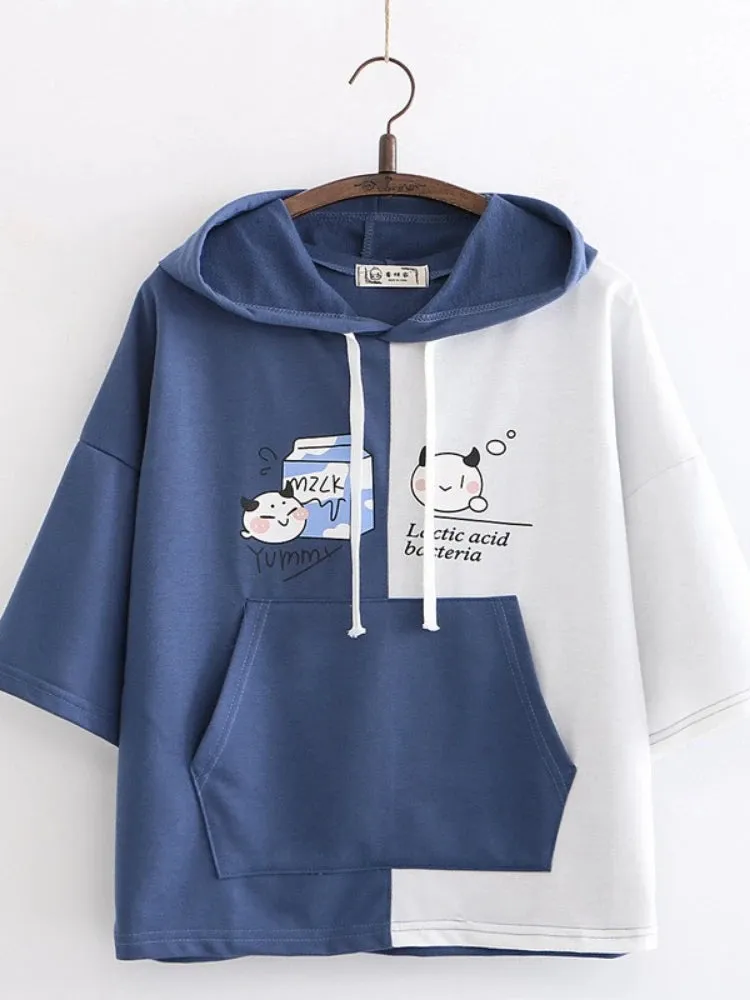 Women Cartoon Print Funny Hooded Sweatshirts Short Sleeve Patchwork Hit Color Hoodie Loose Pullovers Tracksuit With Pocket