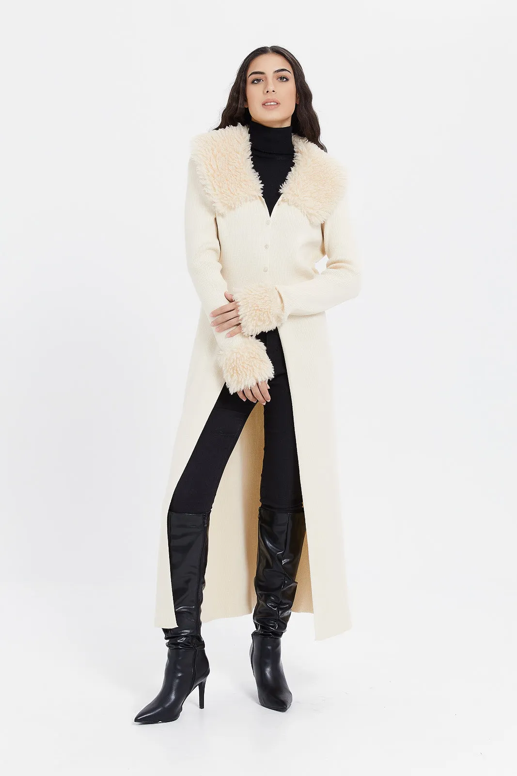 Women Ecru Fur Long Jacket