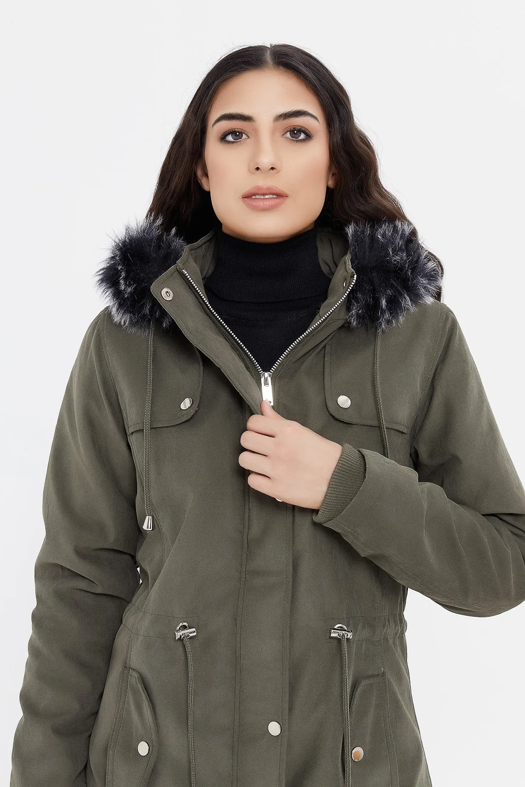 Women Olive Hooded Twill Coat