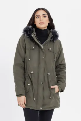 Women Olive Hooded Twill Coat