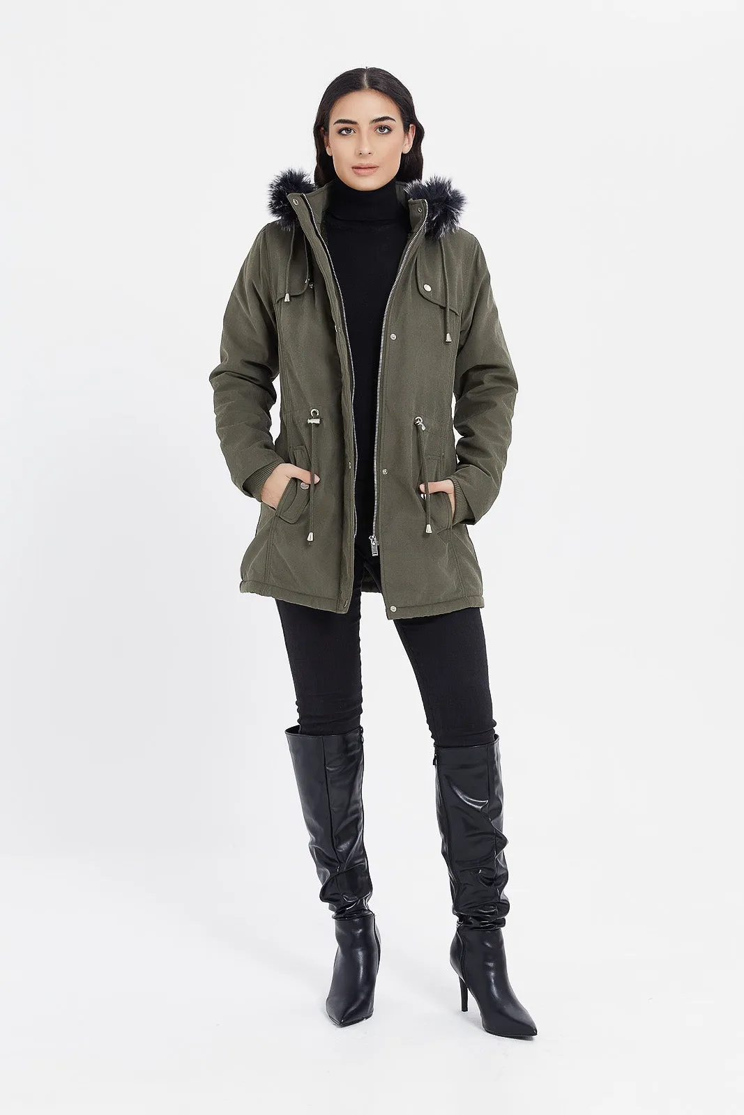 Women Olive Hooded Twill Coat