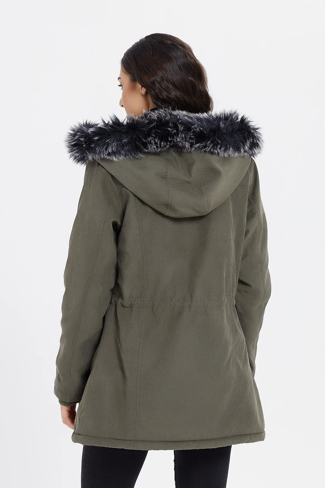 Women Olive Hooded Twill Coat