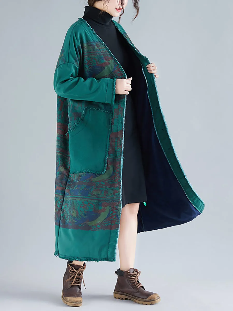 Women Retro Winter Print Raw-edge V-Neck Long Coat