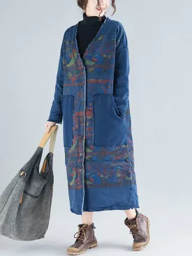 Women Retro Winter Print Raw-edge V-Neck Long Coat