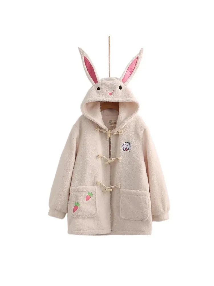 Women Wool & Blends Hooded Coats JacketsSolid Sweet Style Cartoon Rabbit Embroidery Harajuku Outerwear Winter Cute Tops